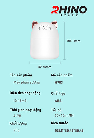 Máy phun sương tạo ẩm Rhino H903 dung tích 250ml, nhỏ gọn, không gây tiếng ồn, tích hợp đèn ngủ RGB nhiều màu - Hàng chính hãng