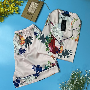 Bộ Pyjama nữ, đồ mặc nhà VILADY-B113 kiểu quần đùi tay cộc họa tiết Bông, chất liệu lụa Pháp cao cấp