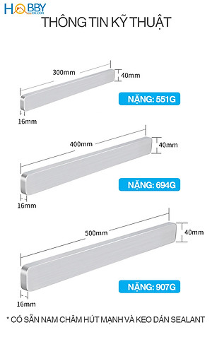 Thanh treo dao nam châm Hobby Home Decor TTD Inox 304 dán tường gạch men kèm keo dán - có 3 kích thước