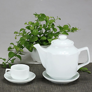 Bộ ấm chén men trắng vuông cao gốm sứ Bát Tràng (bộ bình uống trà, bình trà) 