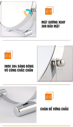 Gương trang điểm phóng đại 3 lần, xoay 360 độ, 2 mặt siêu nét, để bàn, Inox 304, Size 18cm, 20cm, Minh House G31