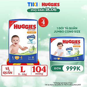 Tã quần Huggies Skin Care Mega Jumbo L100+4 miếng với tràm trà dịu da
