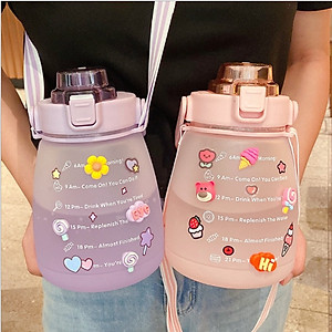 Bình Đựng Nước Chia Vạch Khung Giờ Cute, Nhựa Tritan Cao Cấp Với Màu 3D Siêu Chất ,Bình Nước Bụng Bự 3D- Chính Hãng MINIIN- Tặng Kèm Dây Đeo Và 2 Khăn Lau 