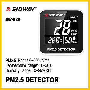 Máy Đo Chất Lượng Không Khí SNDWAY SW-825 - Đo Bụi Siêu Mịn PM2.5 - Đo Nhiệt Độ - Độ Ẩm Thời Gian Thực - Sử Dụng Pin Sạc - Hàng Chính Hãng