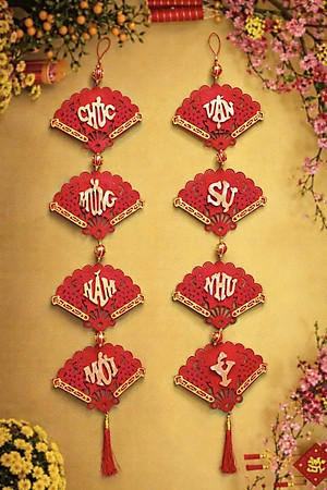 Set 2 Dây Liễn 8 Quạt Treo Trang Trí Tết Vạn Sự Như Ý - Chúc Mừng Năm Mới