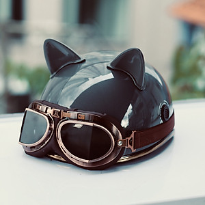 Mũ bảo hiểm xe máy nửa đầu Rona Luxury kèm kính phi công viền đồng, nón bảo hiểm có lỗ thông gió tặng kèm tai mèo