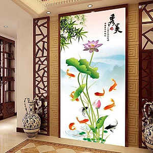 Decal dán tường hoa sen và cá chép - HP42