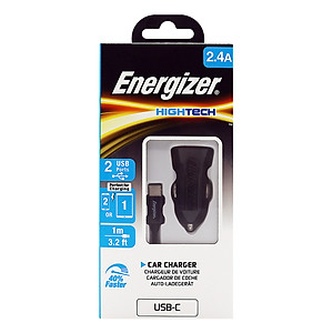 Bộ Adapter Sạc Xe Hơi 2.4A Và Cáp Sạc Type-C 2.0 Energizer DCA2BHC23 - Hàng Chính Hãng