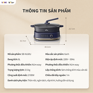 Nồi Lẩu 2 Ngăn Bear Đa Năng Nhiều Chế Độ Nấu Lẩu Hầm Ninh Chiên Rán Xào Chống Dính Cực Tốt Kháng Khuẩn 99,99% - SB NL60U HÀNG CHÍNH HÃNG