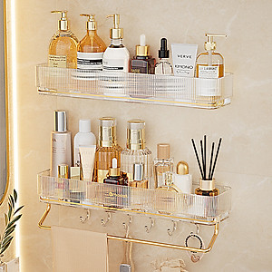 Kệ Dán Tường Đựng Vật Dụng Nhà Tắm , Nhà Bếp Có Thanh Treo Khăn Và Móc Dán Treo Đồ Tiện Lợi - Hàng chính hãng (Giao màu ngẫu nhiên)