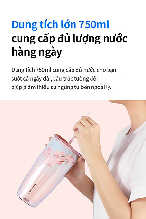 Ly nhựa LocknLock 2 lớp 750ml HAP522 720ml Anh Đào - Hàng chính hãng kèm ống hút, cách nhiệt tốt, miệng rộng - JoyMall