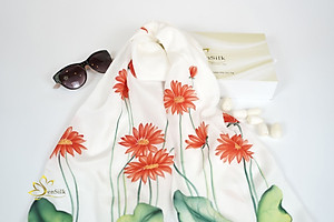 Khăn Lụa Vẽ Tay Hoa Đồng Tiền SenSilk  – Quà Tặng Doanh Nghiệp - Silk Painting Scaves 100% Silk made in Vietnam 160x55cm