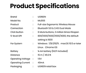 Chuột Bluetooth 5.0 6 nút không ồn UGREEN 15508 MU006 - Hàng chính hãng