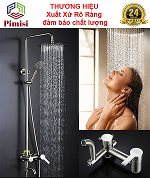 Bộ vòi hoa sen cây tắm đứng nóng lạnh inox 304 kiểu tròn Pimisi đầy đủ phụ kiện với bát sen to - bát nhỏ cầm tay tăng áp dùng được cho cả nhà tắm nhỏ và thấp | Hàng chính hãng
