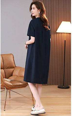 Hàng sẵn Đầm nữ linen nữ tính nhẹ nhàng, lịch thiệp, tao nhã màu xanh đen da199