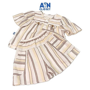 Bộ quần áo ngắn bé gái họa tiết Kẻ nâu tay rũ cotton - AICDBGEXMU4L - AIN Closet