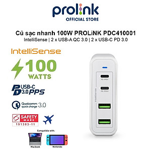 Củ sạc nhanh 100W PROLiNK PDC410001, 4 cổng (2xUSB-A QC 3.0 & 2xUSB-C PD 3.0) IntelliSense, sạc điện thoại, laptop - Hàng chính hãng