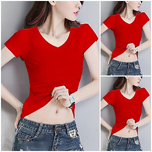 Áo thun nữ trơn cổ tim tay ngắn thun cotton 4 chiều form ôm body MXM ( ANU007 )