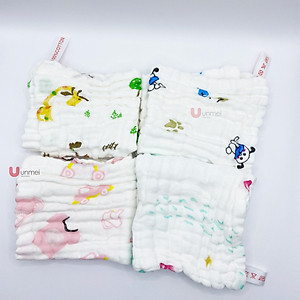 Khăn Sữa Cotton Unmei 6 lớp cho Bé, 30x30cm, Khăn Vải Xô Dày dặn, Thấm Hút Tốt, Màu Trắng Hoa văn ngẫu nhiên
