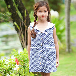 Đầm Bé Gái Caro Xám Lá Cổ Nút Ngực 2 Túi KIKA K042