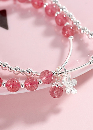 Vòng tay 2 line đá thạch anh dâu phối charm hoa bạc mệnh hỏa, thổ - Ngọc Quý Gemstones