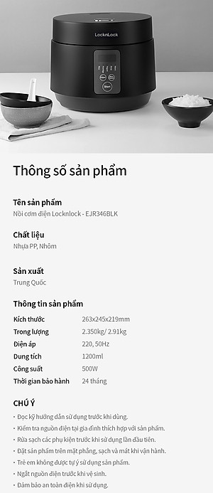 Nồi cơm điện Locknlock EJR346BLK (Giữ ấm 24h - 5 chế độ nấu - lòng nồi chống dính) 1.2 Lít - Black - Hàng chính hãng