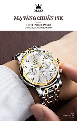 Đồng Hồ Nam OLEVS-2858 Mặt Tròn Mạ Vàng 18k Chống Nước Chạy Đủ 6 Kim Có Ô Lịch Ngày Khóa Bướm Có Hộp In Logo Chính Hãng