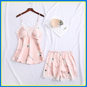 Q135 Bộ ngủ lụa họa tiết dễ thương  - Đồ ngủ lụa - Bộ quần áo ngủ