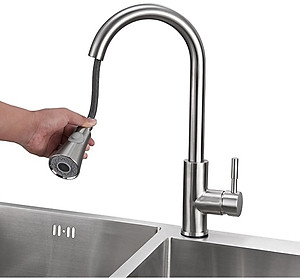 Chậu rửa bát inox304 bán nguyệt 5li chống xước 7546 Valenza, vòi rửa bát rút dây nóng lạnh 01, bộ xả 18cm, khay inox, rổ inox lỗ, bình rửa bát, rửa ly cốc