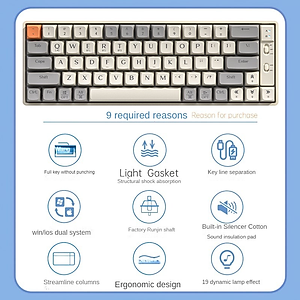 Bàn Phím Cơ Gaming không dây GK65 chống ồn - Bluetooth + USB - Pin sạc TypeC - Hotswap cho máy tính laptop điện thoại hàng nhập khẩu