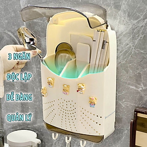 Hộp Đựng Đũa Thìa Treo Tường Có Nắp Đậy Khay Thoát Nước 3 Móc Nhựa Treo Đồ Kèm Miếng Dán Siêu Dính