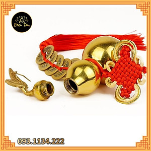 Hồ lô phong thuỷ bằng đồng sức khoẻ trường thọ, xua tan khí xấu có dây đồng xu ngũ đế may mắn