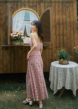 Đầm maxi xẻ tà dàng dài, họa tiết hoa nhí màu đẹp, chất voan tơ cao cấp, váy 2 kiểu mặc: 2 dây và vai trần | MX056