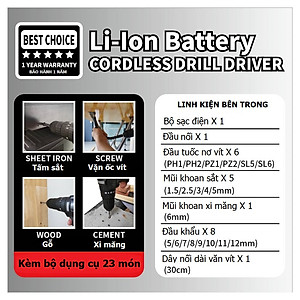 Bộ khoan điện cầm tay chất lượng cao Treny 21V chính hãng – kèm bộ dụng cụ 23 món và bộ sạc - lực xoắn 35N.m -  chuyên khoan tường, khoan gỗ, khoan sắt và khoan bê tông.