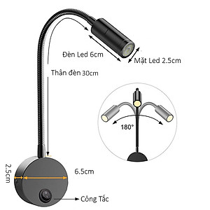 Đèn đọc sách đầu giường, Loại gắn tường, Ánh sáng chiếu rọi điểm 3W, Nguồn 220V