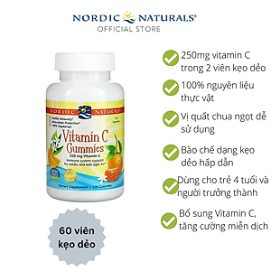 Kẹo dẻo Vitamin C Nordic Naturals giúp tăng cường miễn dịch và sức đề kháng, 250mg, hộp 60 viên - Hàng Chính Hãng