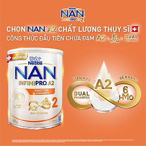 Sữa bột NAN INFINIPRO A2 2 với công thức đầu tiên kết hợp giữa đạm quý A2 & 6HMO & Dual Probiotics nhập khẩu Thụy Sĩ - Hộp 400g cho bé 12 - 24 tháng