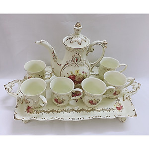 Bộ bình trà sứ phong cách hoàng gia cổ điển màu trắng ngà họa tiết hoa cúc - ANTH603