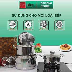 Bộ Nồi Inox 430 Bếp Từ 3 Đáy 3 Món Nắp Kính Fivestar Tặng 2 Muỗng Canh
