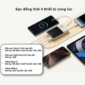 Pin dự phòng sạc nhanh ROCK P95 PD 22.5W 10000mAh có cáp tích hợp , hàng chính hãng bảo hành 1 năm