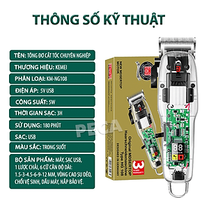 Tông đơ cắt tóc chuyên nghiệp Kemei KM-NG108 màn hình LCD hiển thị phiên bản thấy mạch công suất mạnh dùng sạc USB pin trâu sạc nhanh, kèm 6 cữ lược căn độ dài và phụ kiện đầy đủ - Hàng chính hãng