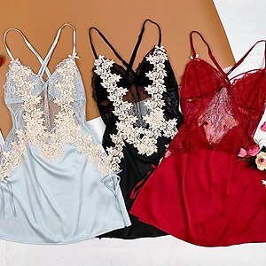 Q71 Váy ngủ lụa hai dây cao cấp  - Váy ngủ 2 dây sexy - Đầm ngủ nữ ren hoa - Đồ ngủ mạc nhà