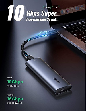 Ugreen 10902 0.5M m.2 nvme usb type c 10gbps hộp ổ cứng ssd màu xám kèm cáp 2 đầu C 3.1 Gen 1 Ugreen CM400 - Hàng Chính Hãng