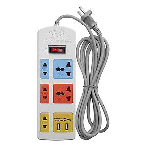 Ổ Cắm Điện Honjianda Loại 5 Ổ Có 2 Cổng USB - HJD-0436B-2U (Dây Dài 3m) - Giao màu ngẫu nhiên