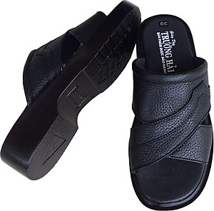 Dép quai ngang nam Trường Hải da bò cao cấp mềm mại không bong tróc màu đen đế PU siêu nhẹ cao 5cm QN0744