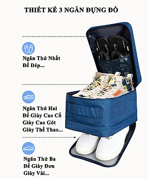 Túi Đựng Giày Dép Du Lịch Cỡ Lớn 3 Ngăn KUNBE Chất Liệu Chống Thấm Nước, Túi Để Giày Thể Thao Đa Năng Có Móc Gài Tay Kéo Vali Tiện Lợi