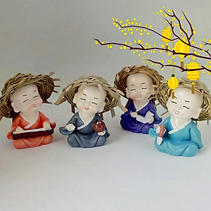 Mô Hình Tiểu Cảnh "4 Chú Tiểu Đội Nón Rơm Cầm Kỳ Thi Họa " Trang Trí Sen Đá, Sân Vườn/ Chậu Cây, DYI, Terrarium - Hàng chính hãng