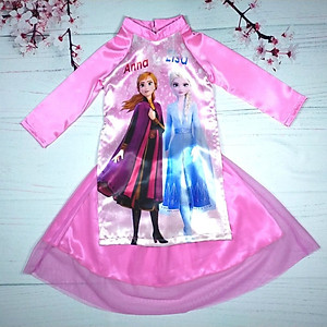 Áo dài cách tân cho bé gái hình Elsa từ 12-42kg. Vải phi lụa, chân váy ren có lót bên trong.