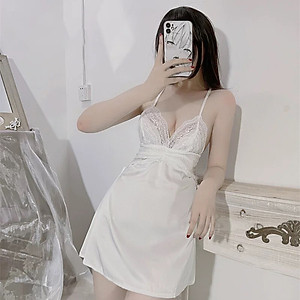 Q13 Váy ngủ lụa phối ren dây yếm cao cấp  - Đầm ngủ lụa sexy gợi cảm - Đồ ngủ nữ, Váy ngủ nữ