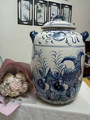 Hũ đựng rượu gạo vẽ cá chép gốm sứ Bát Tràng